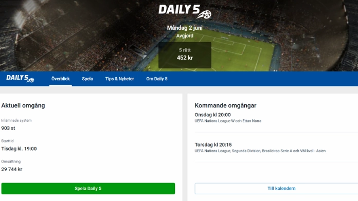 Spelskärm för Daily 5 med resultat, omsättning och kommande omgångar.