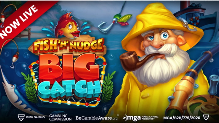 Färgglad reklam för spelet Fish 'n' Nudge Big Catch med fiskare, fiskespö och tecknad fisk i bakgrunden.