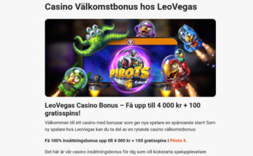 Kampanjbild för LeoVegas casino med figurer från spelet Pirots 4 och text om välkomstbonus.