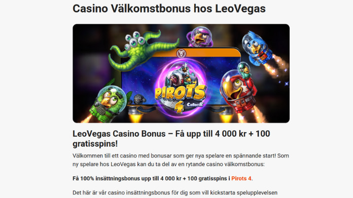Kampanjbild för LeoVegas casino med figurer från spelet Pirots 4 och text om välkomstbonus.