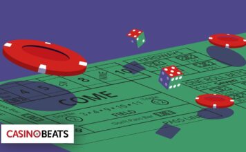 Illustration showing a craps table with red chips and dice