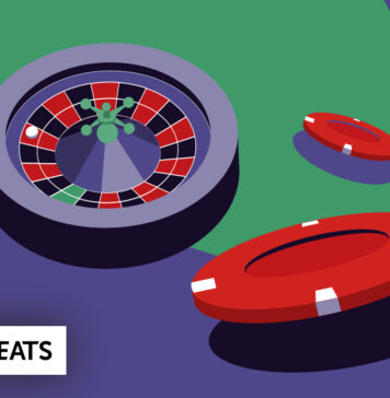 Illustration of a roulette wheel and red poker chips on a green and purple background, conveying a vibrant casino theme